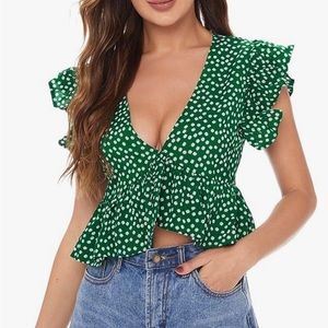 Shein NWOT Green Floral Print Butterfly Sleeve Crop Top Small